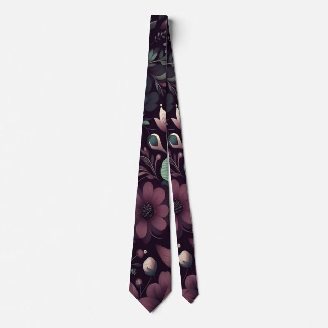 Dark Purple and Green Flowers Pattern Tie (Front)