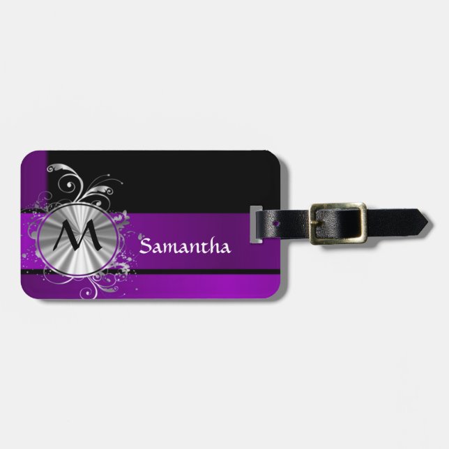 Dark purple and monogram luggage tag (Front Horizontal)
