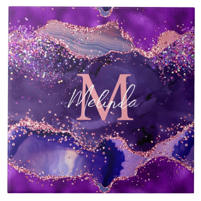 Dark Purple and Pink Glitter Sequins Agate Ceramic Tile (Front)