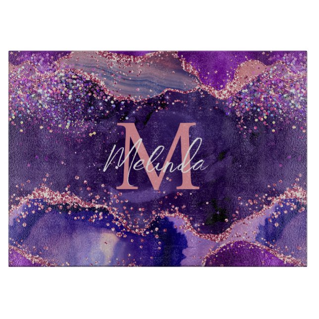 Dark Purple and Pink Glitter Sequins Agate Cutting Board (Front)