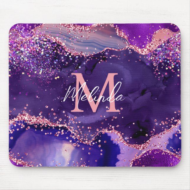 Dark Purple and Pink Glitter Sequins Agate Mouse Pad (Front)
