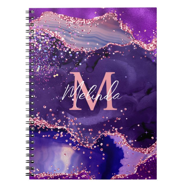 Dark Purple and Pink Glitter Sequins Agate Notebook (Front)