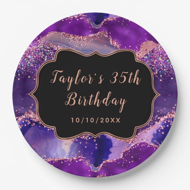 Dark Purple and Pink Sequins Agate Birthday Paper Plate (Front)