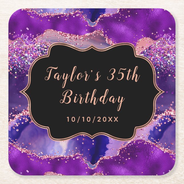 Dark Purple and Pink Sequins Agate Birthday Square Paper Coaster (Front)
