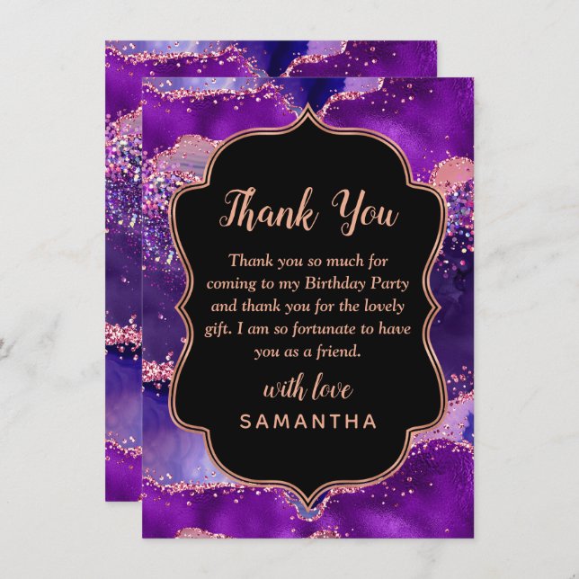 Dark Purple and Pink Sequins Agate Birthday Thank You Card (Front/Back)