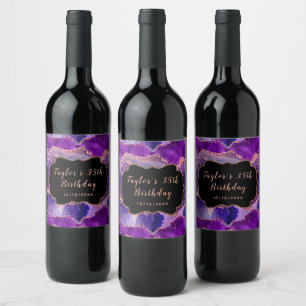 Dark Purple and Pink Sequins Agate Birthday Wine Label