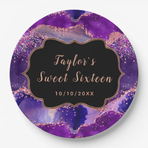 Dark Purple and Pink Sequins Agate Sweet Sixteen Paper Plate
