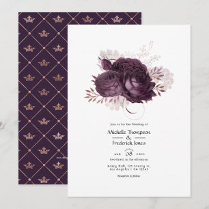 Dark Purple and Rose Gold Floral Wedding QR Code Invitation