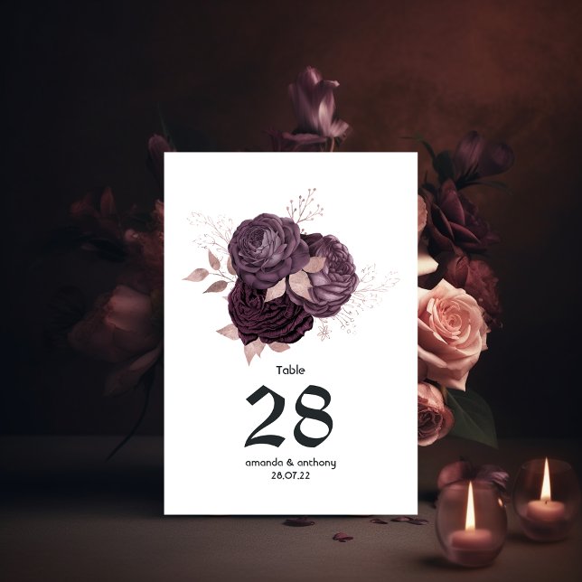Dark Purple and Rose Gold Floral Wedding Table Number (Creator Uploaded)