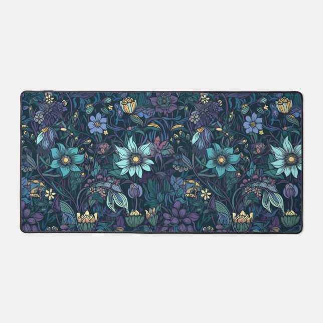 Dark Purple and Teal Floral Patterned  Desk Mat (Front)