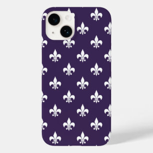 Dark Purple and White Fleur de Lis Pattern Case-Mate iPhone 14 Case