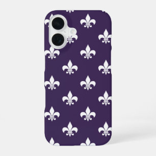 Dark Purple and White Fleur de Lis Pattern iPhone 16 Case