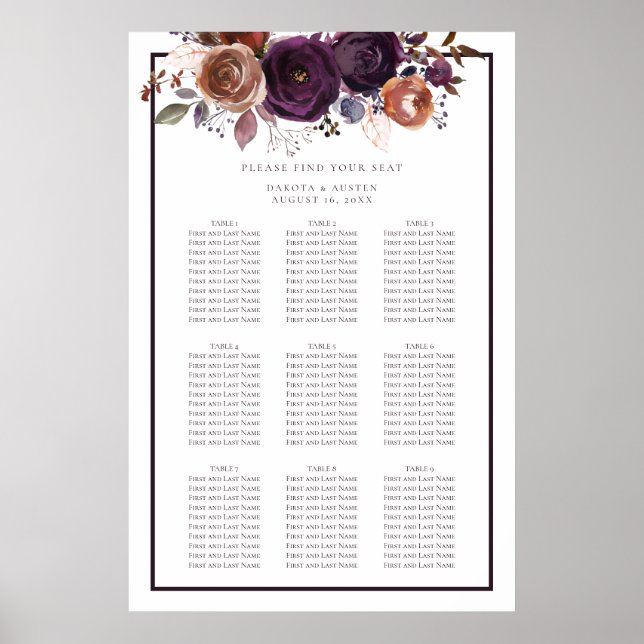 Dark Purple and White Floral Wedding Seating Chart (Front)
