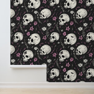 Dark Purple Black Skull Pink Flowers Gothic  Wallpaper