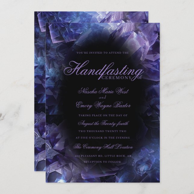 Dark Purple Boho Witch Crystals Black Handfasting Invitation (Front/Back)