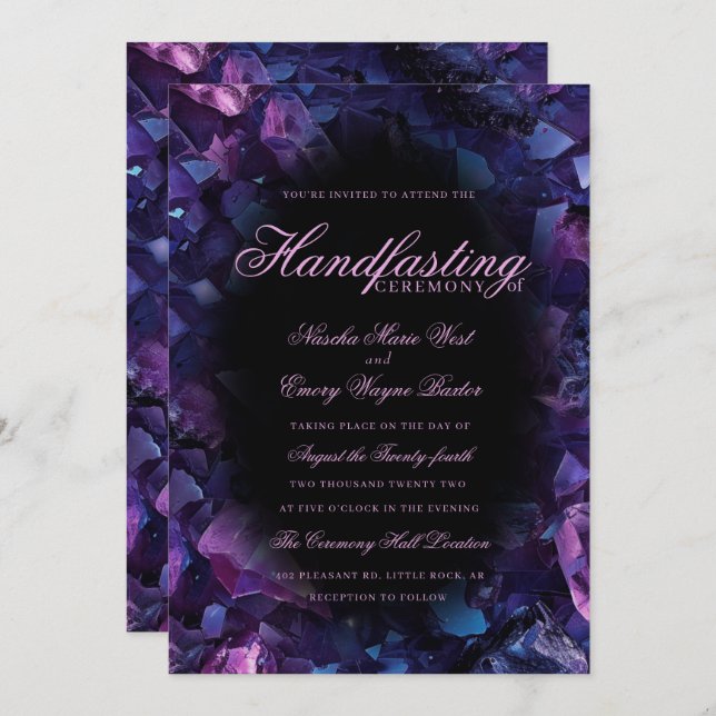 Dark Purple Boho Witch Crystals Black Handfasting Invitation (Front/Back)