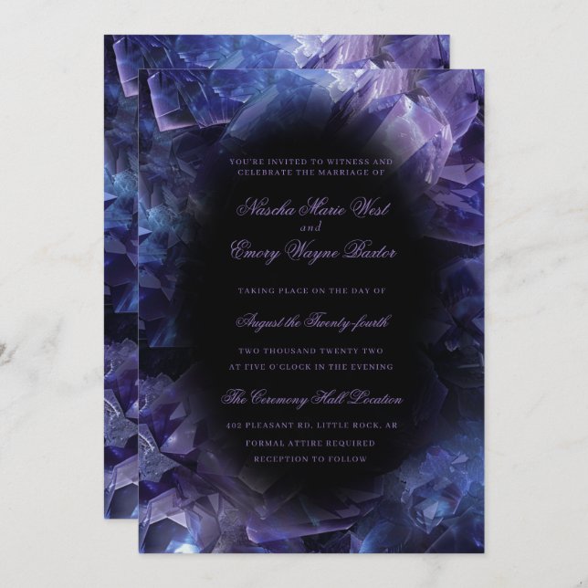 Dark Purple Boho Witch Crystals Black Wedding Invitation (Front/Back)