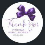 Dark Purple Bow Favours Bridal Shower Thank You  Classic Round Sticker<br><div class="desc">Add a Touch of Charm with These Elegant Purple Bow Thank You Stickers. Looking to give your party favours and gifts that perfect finishing touch? These dark purple bow thank you stickers are just what you need! Featuring a beautiful watercolor bow paired with graceful, handwritten-style script, they bring a warm...</div>