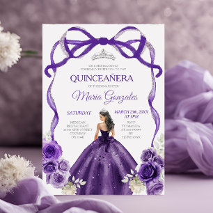 Dark Purple Bow Princess Silver Crown Quinceañera Invitation