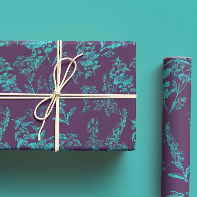 Dark Purple & Bright Blue Poison Flower Line Art  Wrapping Paper Sheet (Creator Uploaded)