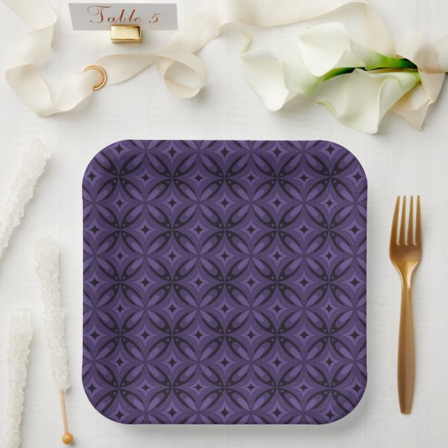 Dark Purple Coloured Retro Pattern Paper Plate (Wedding)