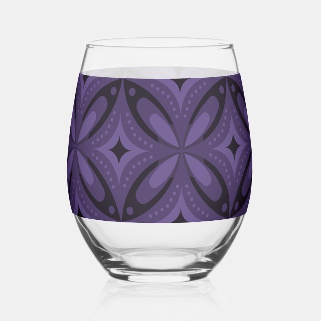 Dark Purple Coloured Retro Pattern Stemless Wine Glass (Front)