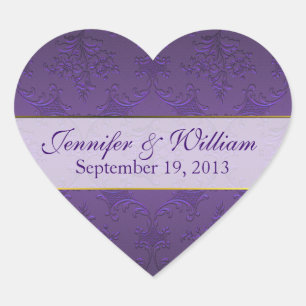 Dark Purple Damask Heart Custom Wedding Sticker