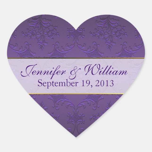 Dark Purple Damask Heart Custom Wedding Sticker (Front)
