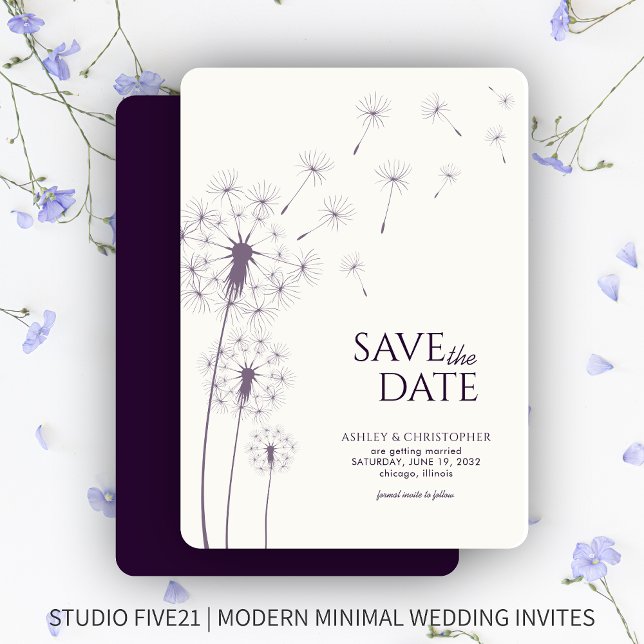 Dark Purple Dandelion Wedding Save the Date Card (Creator Uploaded)