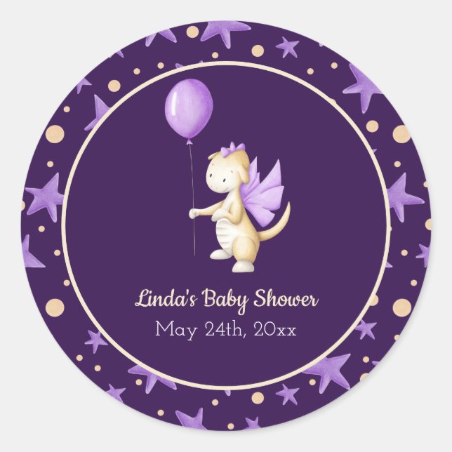 Dark Purple Dragon with Balloon Girl Baby Shower Classic Round Sticker (Front)