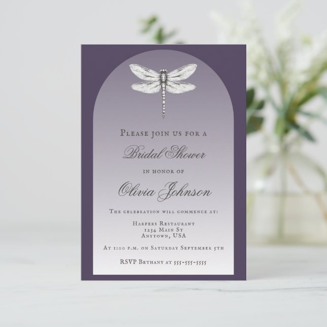 Dark Purple Dragonfly Bridal Shower Invitation (Standing Front)