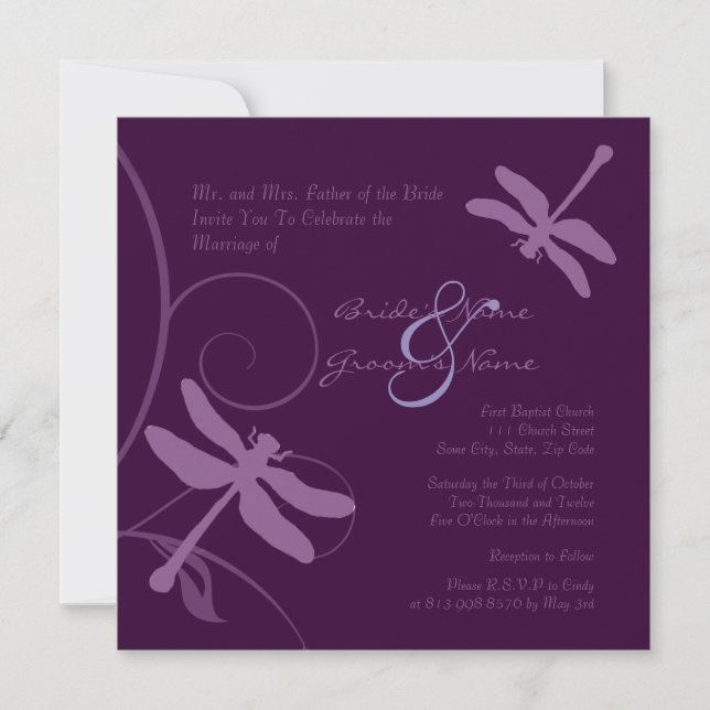 Dark Purple Dragonfly Wedding Invitation (Front)