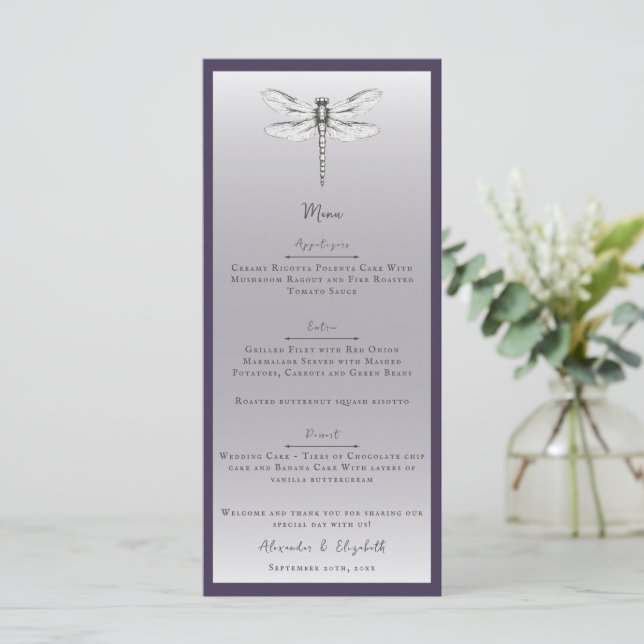Dark Purple Dragonfly Wedding Menu (Standing Front)