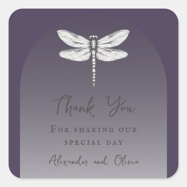Dark Purple Dragonfly Wedding Square Sticker (Front)