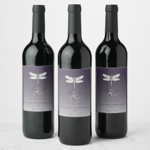 Dark Purple Dragonfly Wedding Wine Label