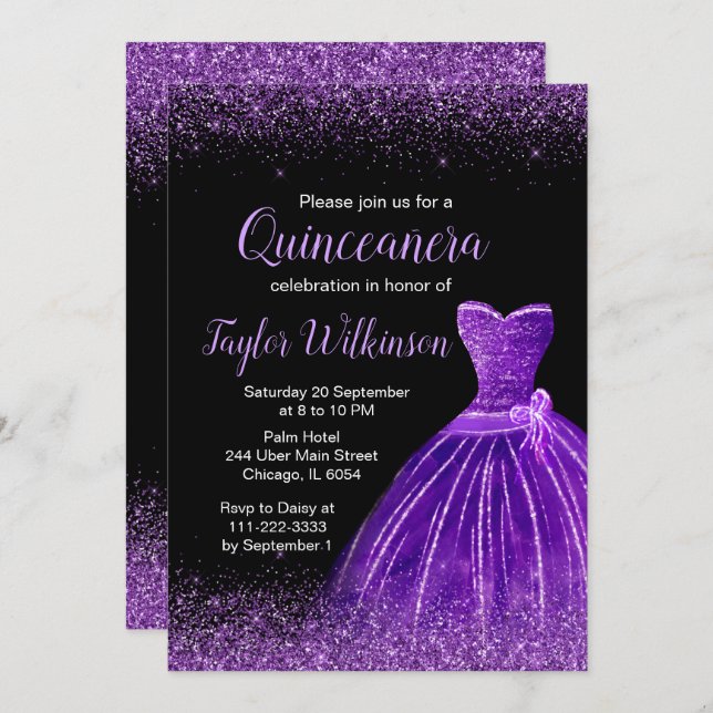 Dark Purple Dress Faux Glitter Quinceanera Invitation (Front/Back)