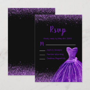 Dark Purple Dress Faux Glitter Quinceanera RSVP Card