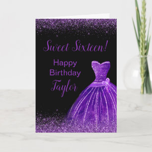 Dark Purple Dress Faux Glitter Sweet 16 Birthday Card