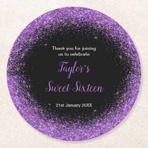 Dark Purple Dress Faux Glitter Sweet 16 Birthday Round Paper Coaster