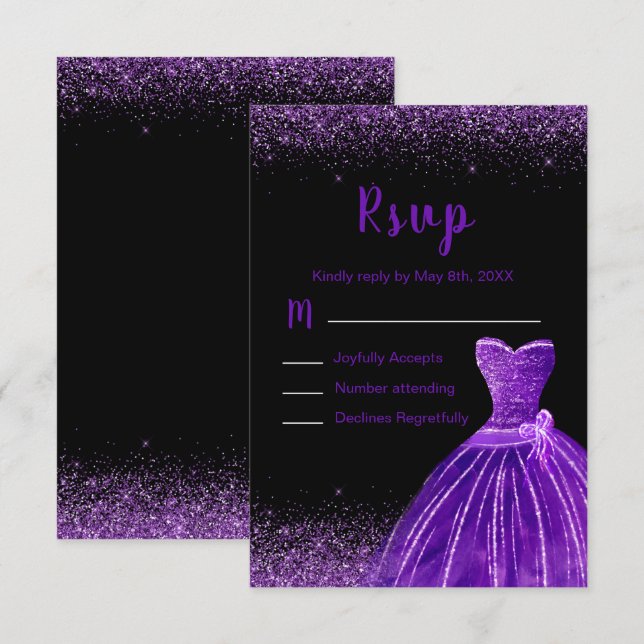 Dark Purple Dress Faux Glitter Sweet 16 Birthday RSVP Card (Front/Back)
