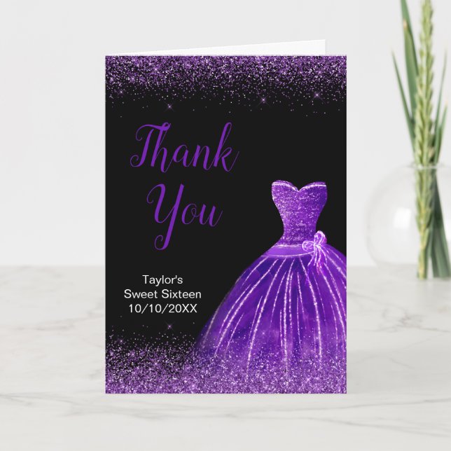 Dark Purple Dress Faux Glitter Sweet 16 Birthday Thank You Card (Front)