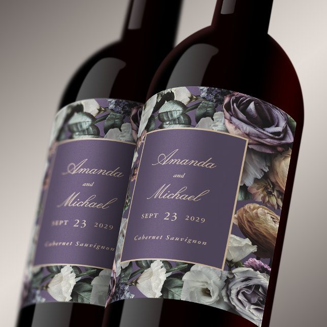 Dark Purple Elegant Floral Bride and Groom Wedding Wine Label (Creator Uploaded)