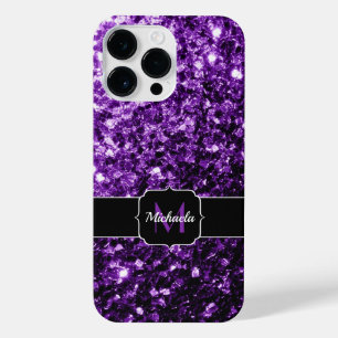 Dark Purple faux glitter sparkles bling Monogram iPhone 14 Pro Max Case