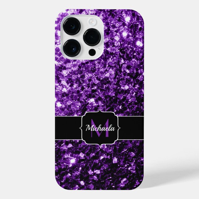Dark Purple faux glitter sparkles bling Monogram iPhone Case (Back)