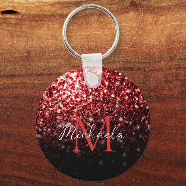 Dark Purple faux glitter sparkles bling Monogram Key Ring (Front)