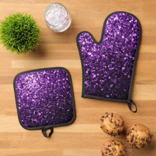 Dark purple faux glitter sparkles oven mitt & pot holder set