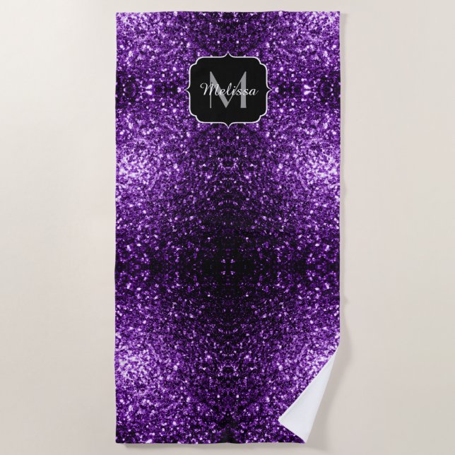 Dark Purple faux shiny glitter sparkles Monogram Beach Towel (Front)