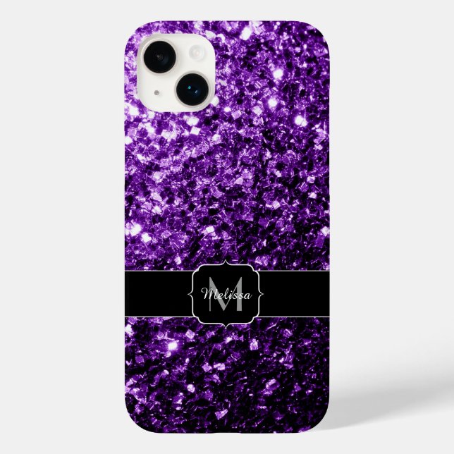 Dark Purple faux shiny glitter sparkles Monogram Case-Mate iPhone Case (Back)
