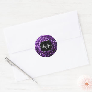 Dark Purple faux shiny glitter sparkles Monogram Classic Round Sticker