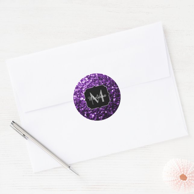 Dark Purple faux shiny glitter sparkles Monogram Classic Round Sticker (Envelope)